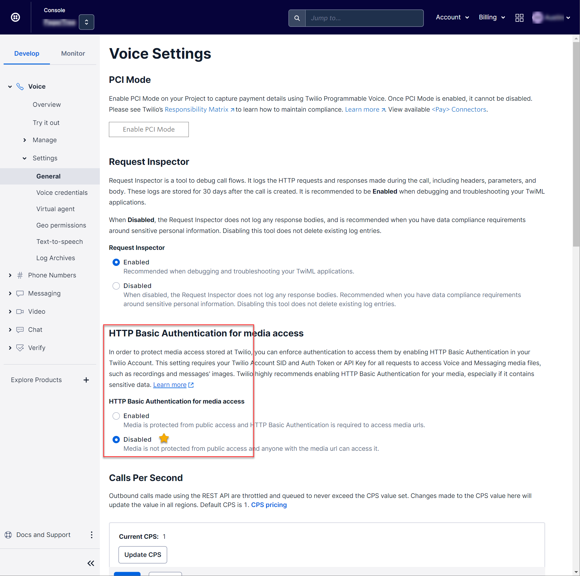 In Twilio, select disabled for HTTP Basic Authentication for Media Access